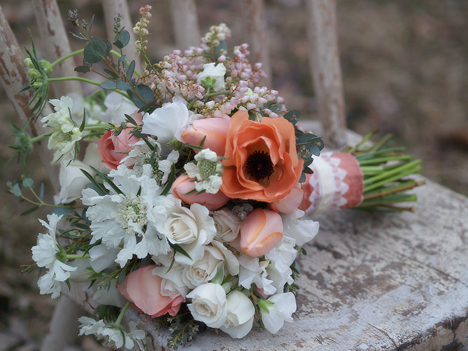 white and coral romantic bridal bouquet