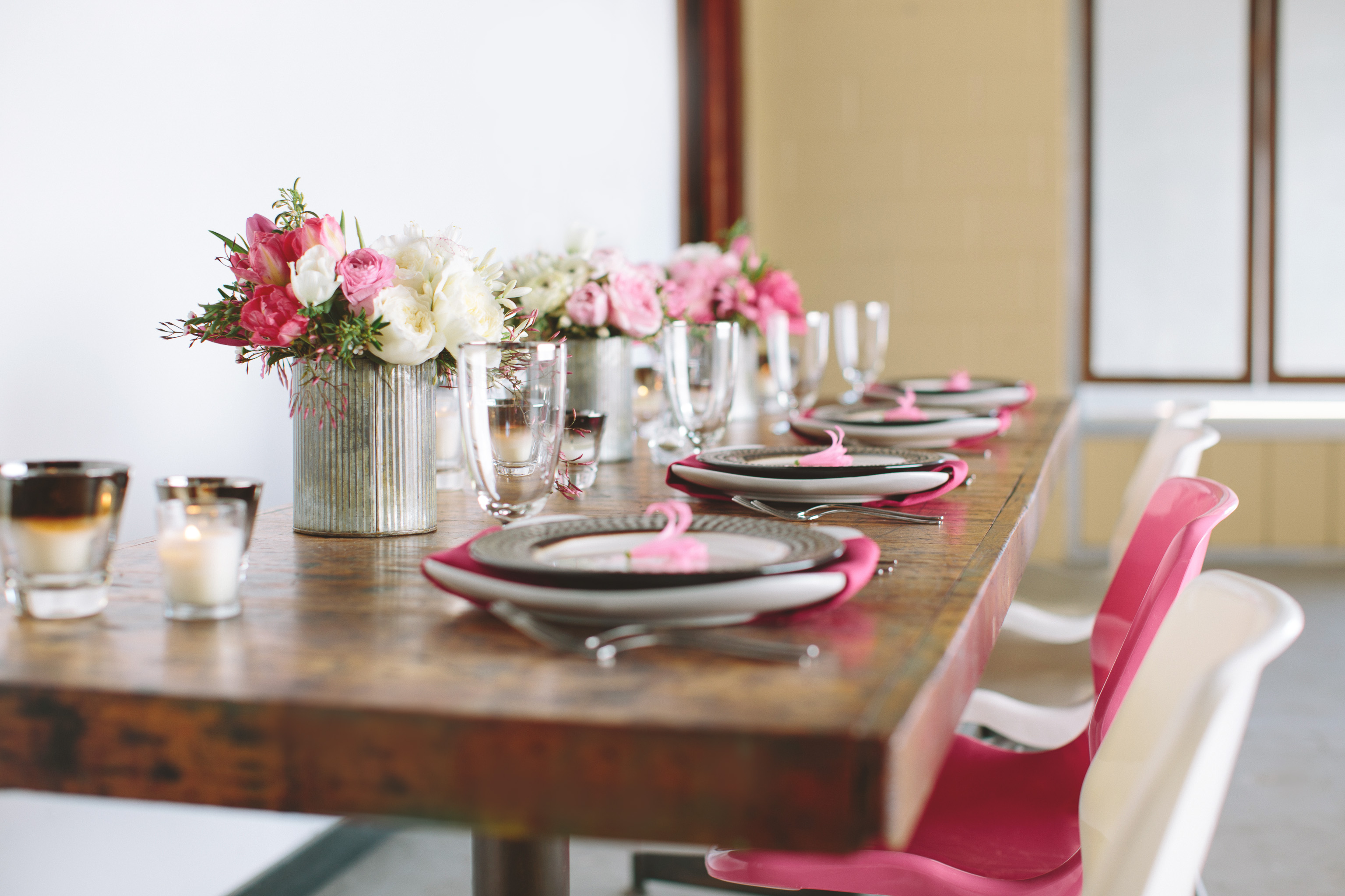 industrial tin vases with pink and white ombre floral